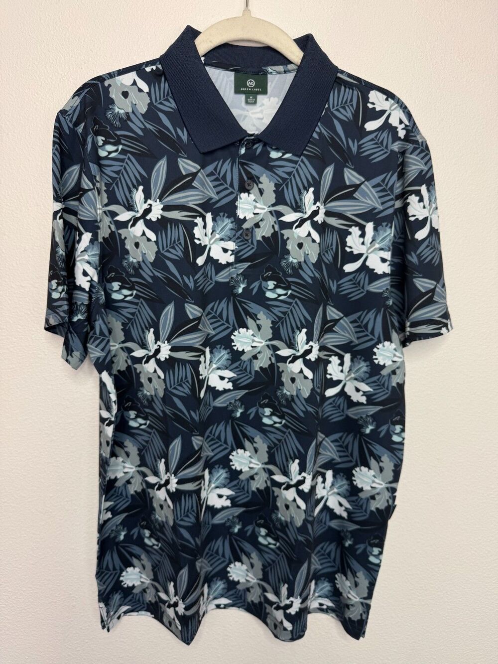 AG Adriano Goldschmied Mens Medium Green Label Polo Shirt Navy Blue Floral NWOT